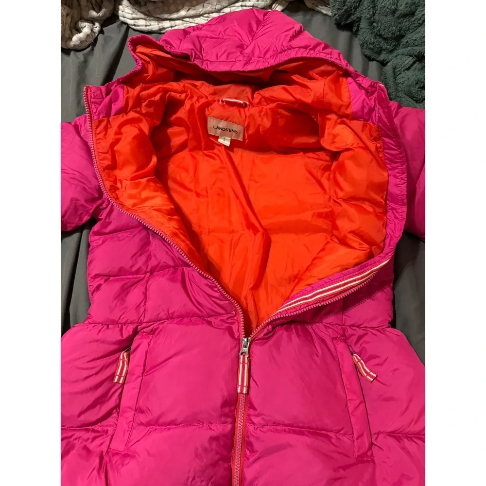 Lands' End‎ Size Large 14 Pink Hooded Puffer Coat Girl Kid Full Zip Winter Warm